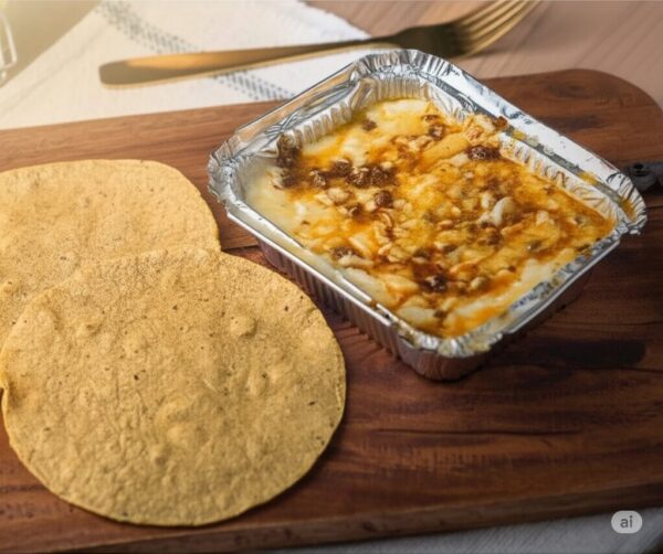 Domo de plástico transparente montrando una mezcla de chorizo rojo , mix de quesos y tortillas