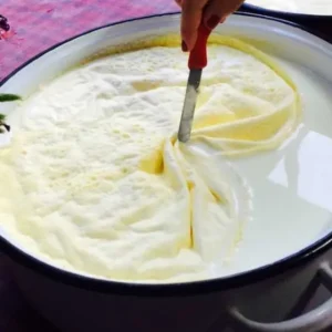 Frasco de vidrio lleno de Nata fresca y espesa, con una cuchara de madera.