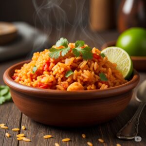 arroz rojo guisado sobre un utencilio de barro y limon como decoracion